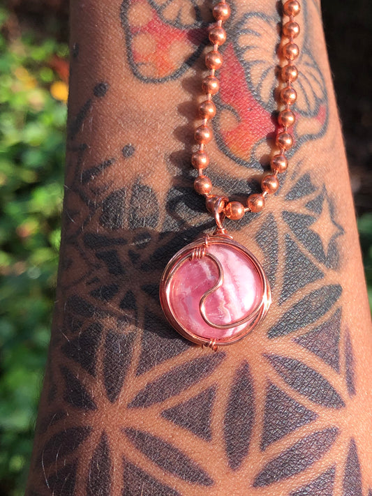 Rhodochrosite Crystal Ying Yang Necklace